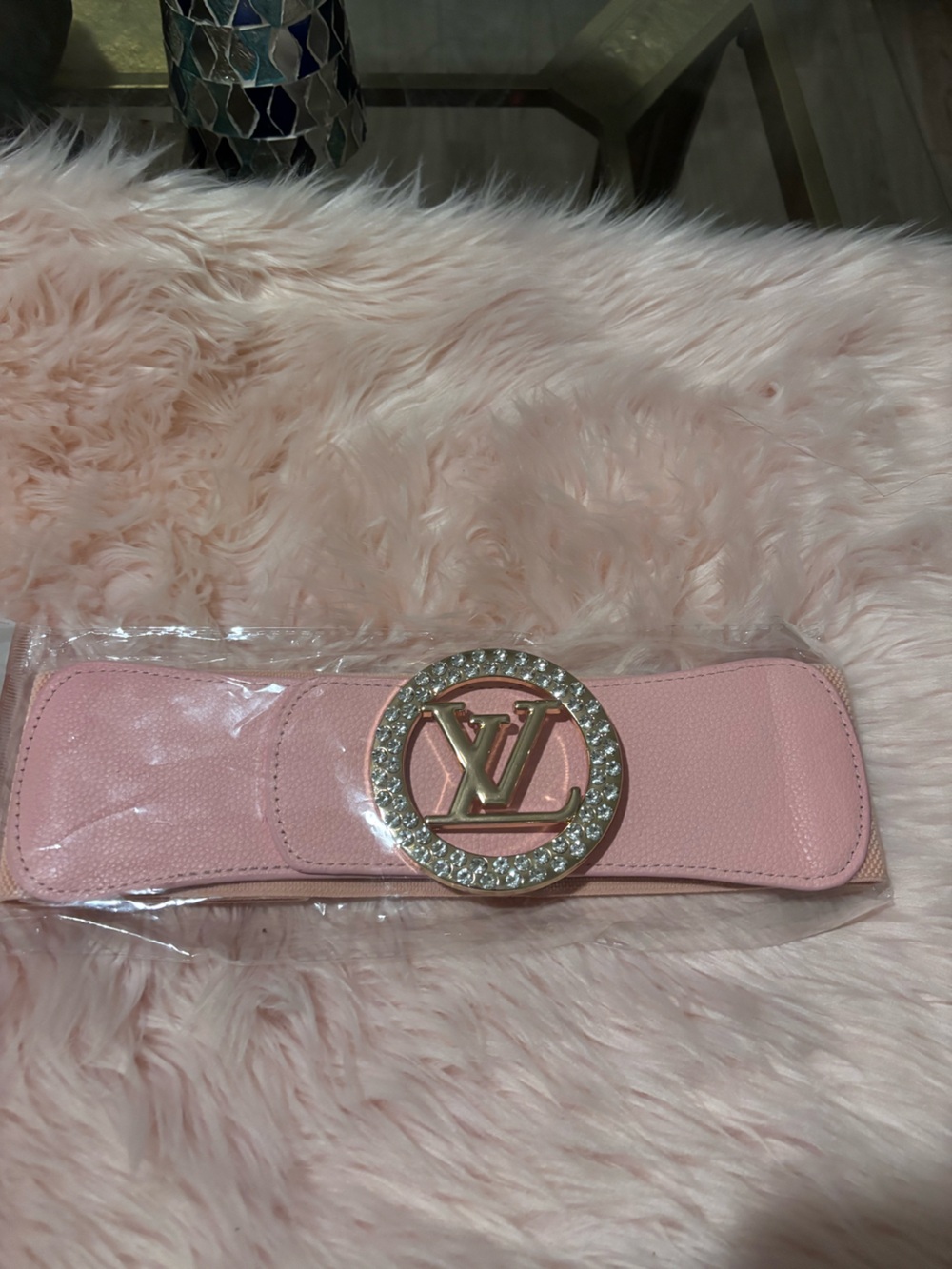 Source Unknown Pink Elastic Waist Belt with Crystal LV-Style Buckle